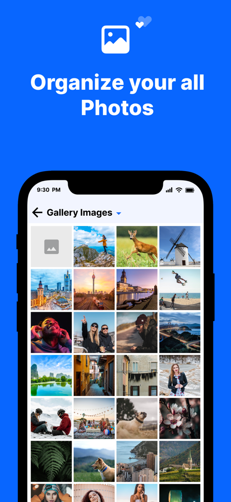 File Manager : Secure Media - Smartphone mostrando una interfaz de galería de fotos con el texto Organiza todas tus fotos.