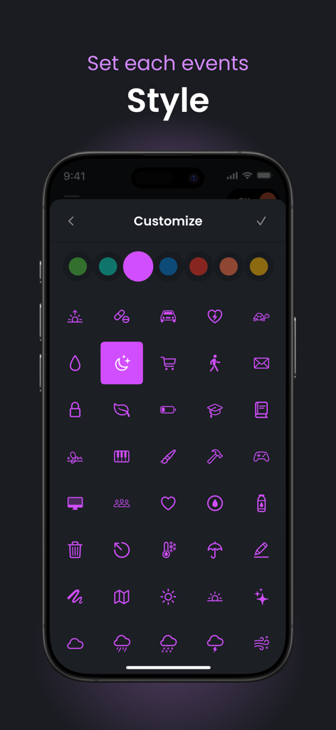 Nudge app interface for customizing reminder icons and colors