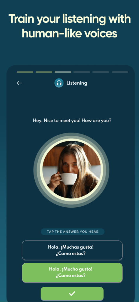 Interfaz de la aplicación Jumpspeak que muestra un ejercicio de escucha en español con una mujer y respuestas de opción múltiple.