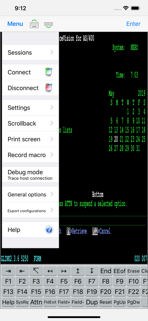 Glink 5250 - Interface do menu do aplicativo emulador de terminal Glink 5250 mostrando opções de menu e exibição de tela verde