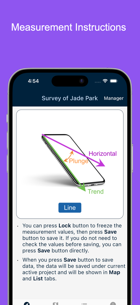 Geology Clinometer: GeoCompass - Measurement instructions for geological line structures showing plunge and trend diagrams