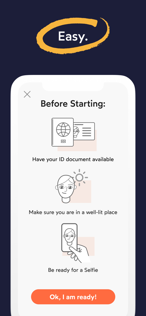 IDnow AutoIdent - IDnow AutoIdentアプリのオンボーディング画面。ID書類の準備やセルフィーの照明など、本人確認の手順が表示されています。