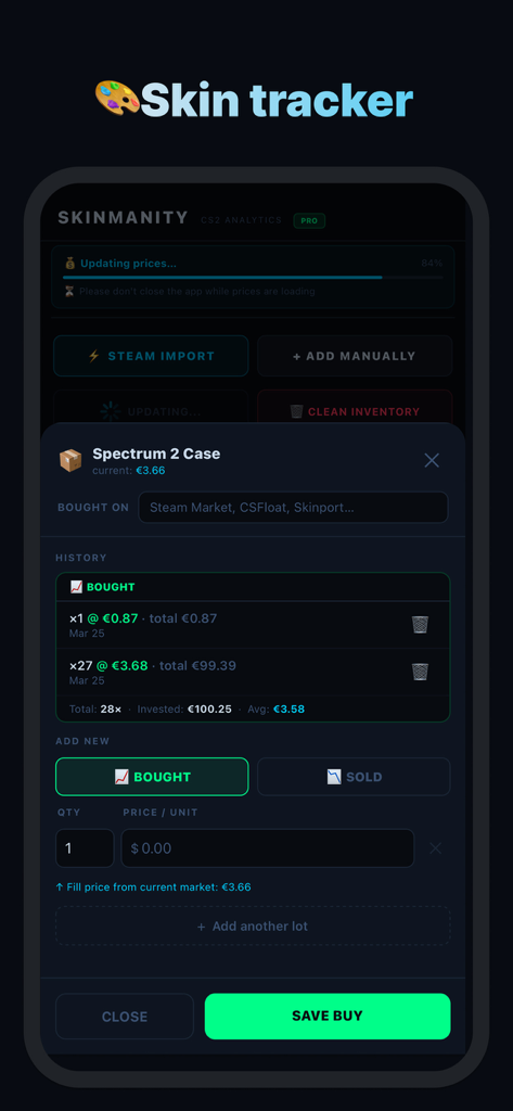 Manual entry screen for tracking CS2 skin purchase history and current market values within the Skinmanity app.