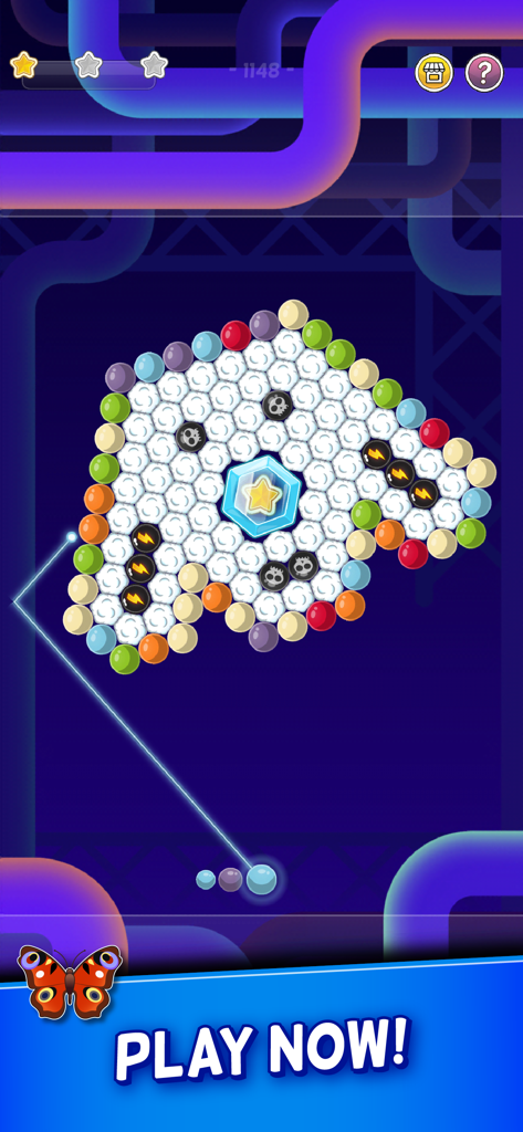 Gameplay screenshot of Bubble Cloud Spinning Match-3 showing a cluster of colorful bubbles with a central star and aiming line