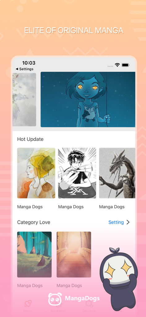Manga Dogs app home screen showing hot updates and original manga categories with a cute mascot