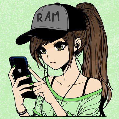 realistic girl with a long ponytail and trucker hat holding an iphone