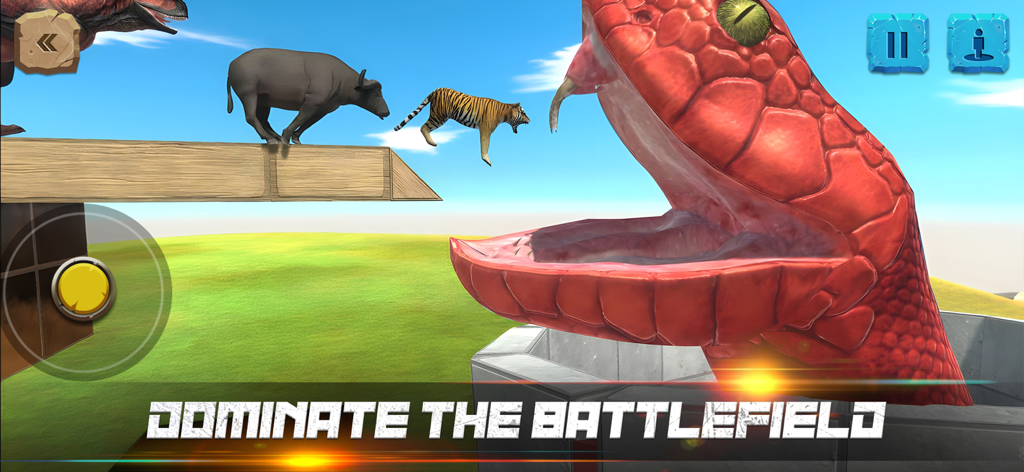 A giant red snake with its mouth open as a tiger and buffalo jump from a platform in Animal Revolt Battle Simulator.