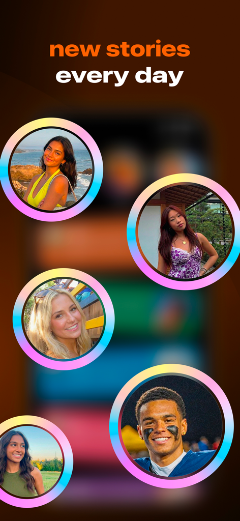 LORE - updates from friends - Interface of the Lore social app displaying circular profile pictures of friends with the text new stories every day