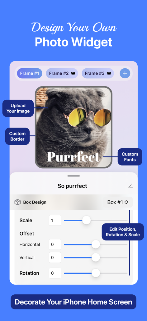 Lively Widget - 5000+ Designs - Interface do aplicativo Lively Widget mostrando como projetar um widget de foto personalizado com uma foto de gato e várias ferramentas de edição