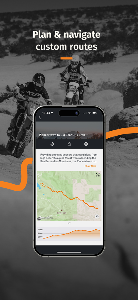 A smartphone displaying the REVER app with a custom off-road motorcycle route map and elevation profile