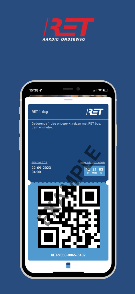 RET - RET 앱 내 휴대폰 화면에 표시된 로테르담 대중교통 디지털 바코드 티켓