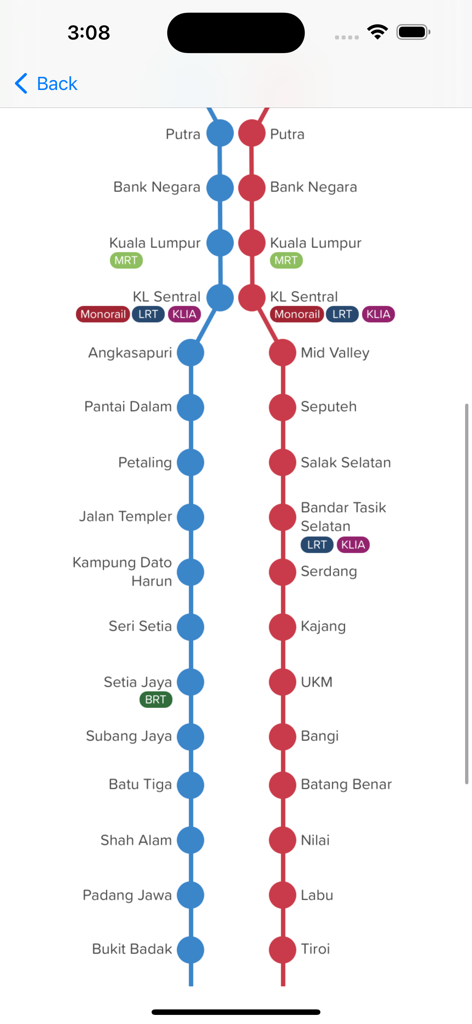KTMB Komuter rail network map showing train stations and interchanges