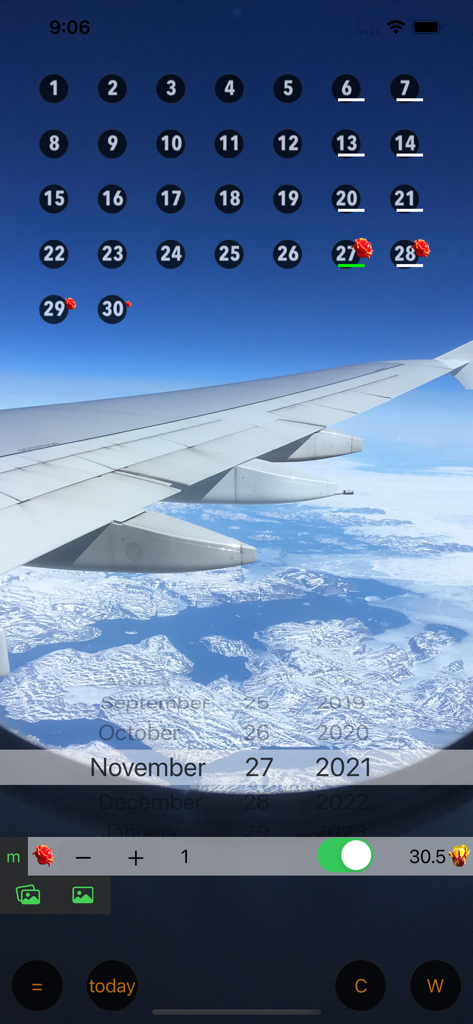 Only For Women - Calendar W - Interfaz de calendario de seguimiento de período con íconos de rosas y fondo de viaje