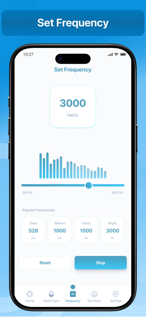 Pantalla de ajuste manual de frecuencia en la aplicación Speaker Cleaner mostrando 3000 hercios y modos de audio preestablecidos