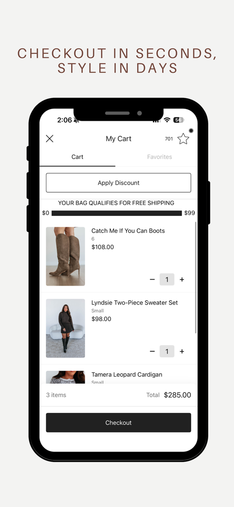 Wild Oak Boutique - Wild Oak Boutique app checkout screen showing a shopping cart with fashion items and free shipping status