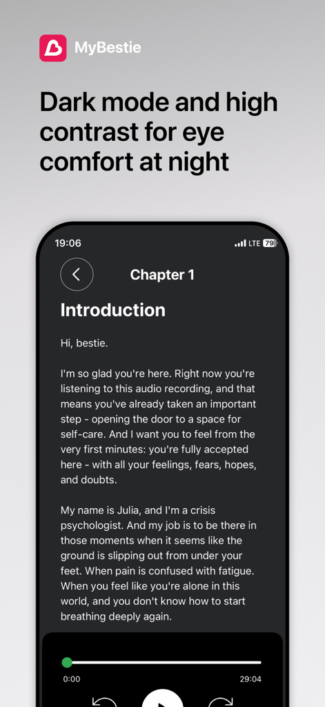 MyBestie－Mental Health Support - MyBestie App-Oberfläche im Dark-Mode mit einer unterstützenden Einführungsnachricht und einem Audioplayer für psychische Gesundheit.