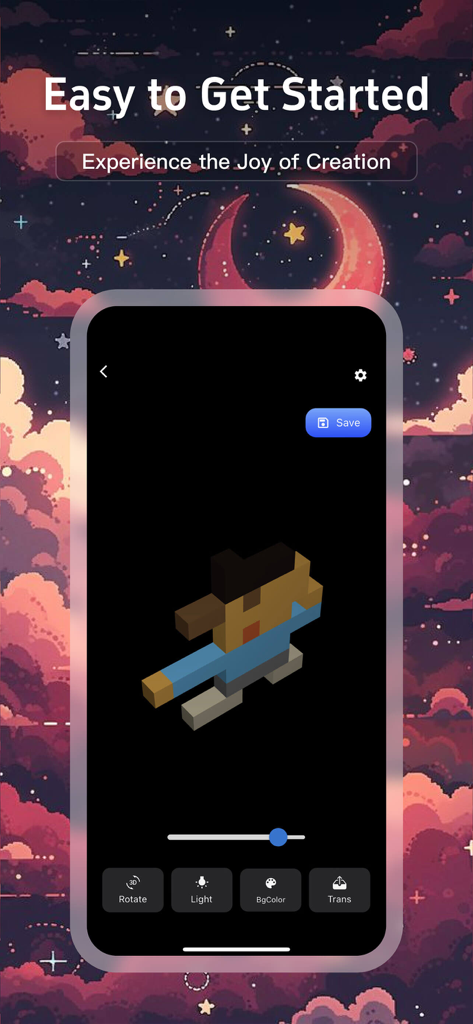 Pixel3D app interface displaying a 3D voxel character with editing tools for light and rotation