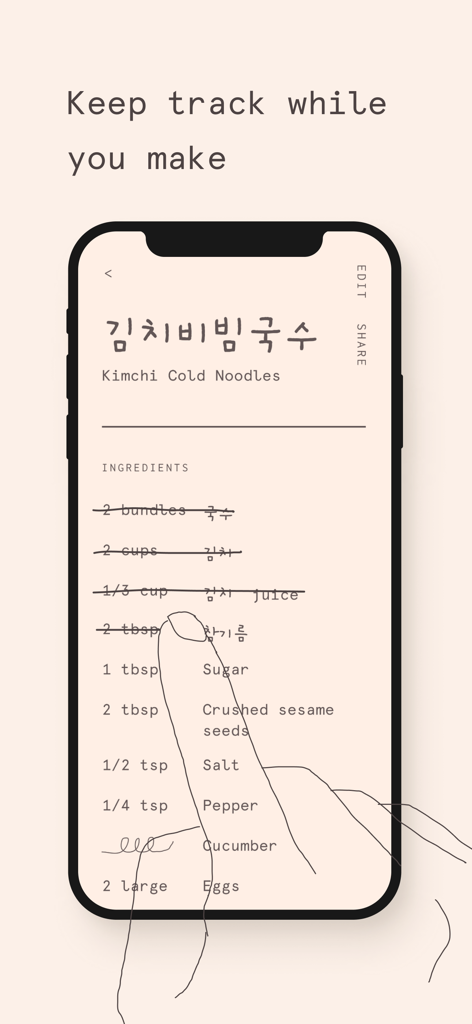 Minimalist recipe app interface showing a hand tracking ingredients while cooking