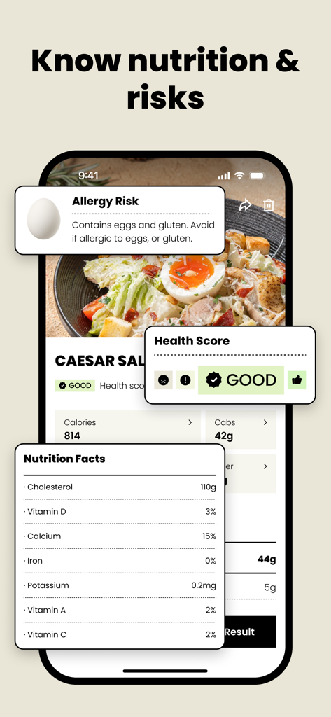 Food Analysis Pal - CalDiet - A mobile app screen displaying nutrition facts, a health score, and allergy risks for a Caesar salad.
