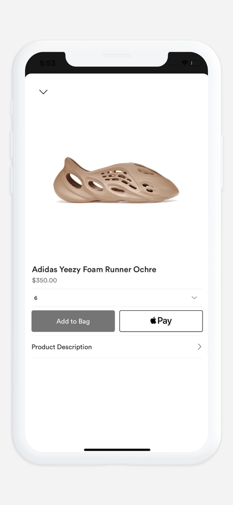 Showroom LA - Página de producto de Adidas Yeezy Foam Runner Ochre en la aplicación Showroom LA