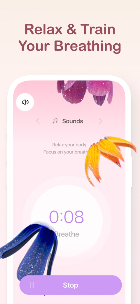 A breathing exercise screen in the Contraction Timer app featuring a timer and relaxation instructions for labor