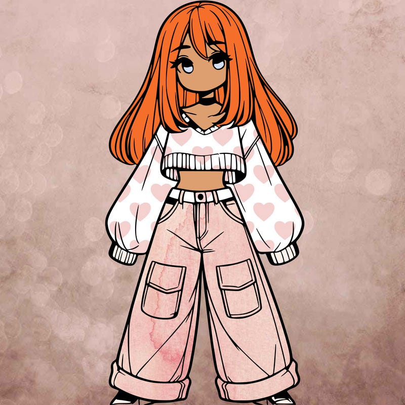 cute girl with straight hair in baggy jeans and a crop top and a sweater