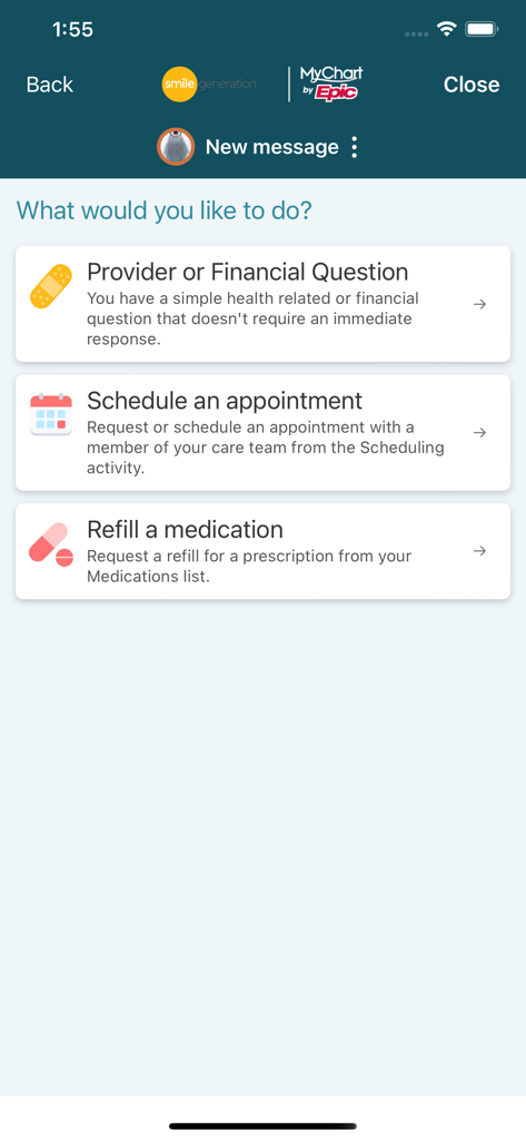 Mobile screen of the Smile Generation MyChart app showing options to message a provider schedule an appointment or refill a medication