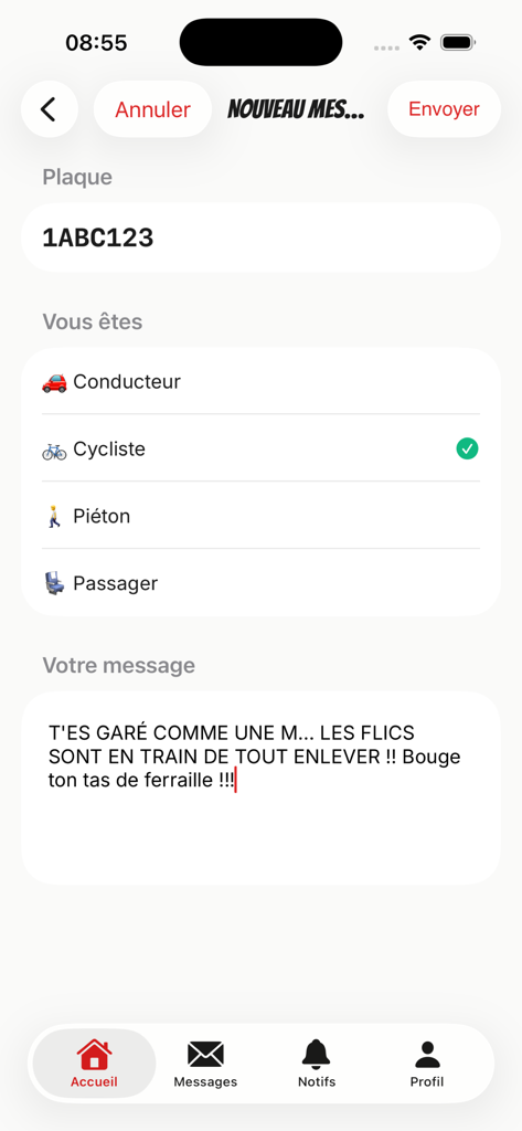 PlateWaveアプリの新メッセージ画面。ナンバープレート入力と送信者カテゴリ選択が表示されている。
