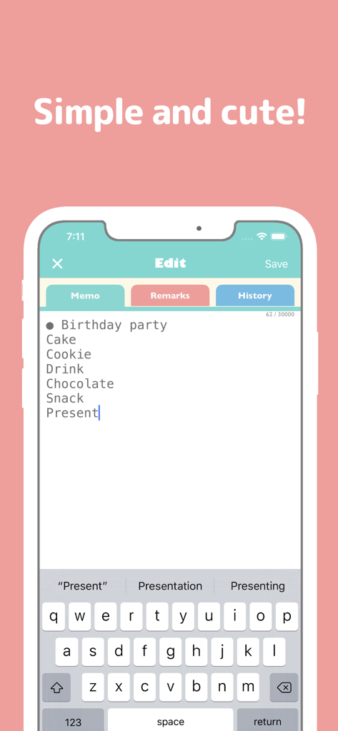 Simple Notepad app interface showing a birthday party checklist in the memo tab.