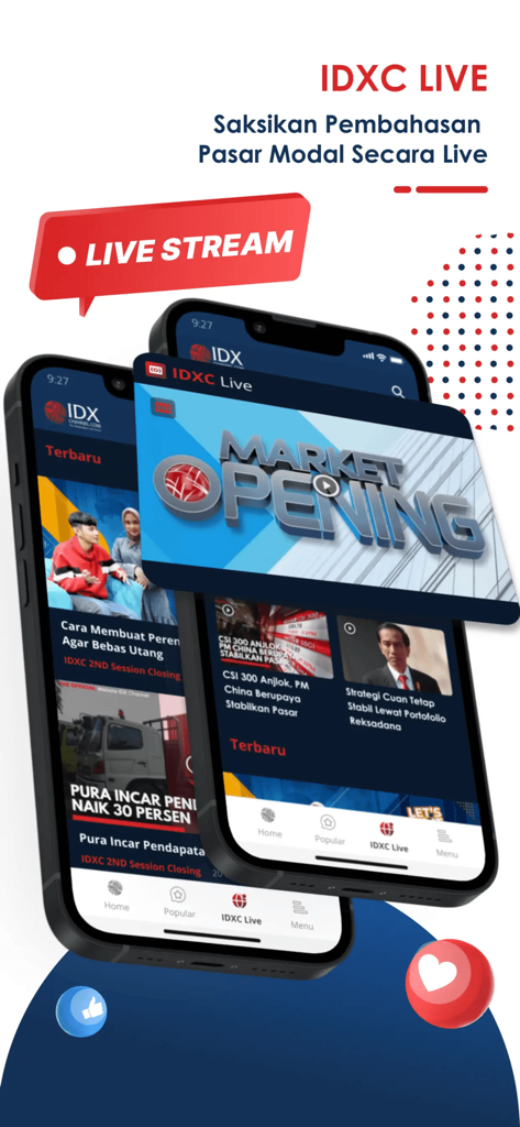 Live stream interface of the IDX Channel app showing Indonesian stock market news