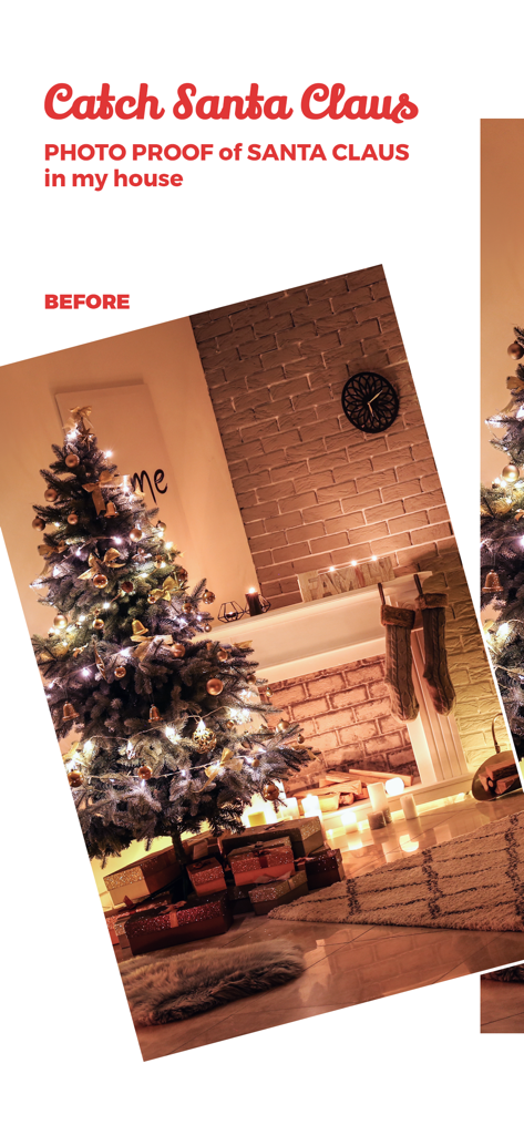 Catch Santa Claus in My House - A decorated Christmas living room with a lit tree and fireplace before adding Santa Claus