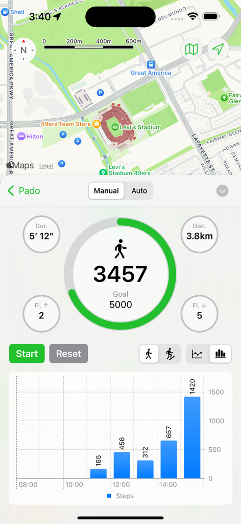 Pado - The Pado app interface displaying a step counter with daily goals, activity statistics, a bar chart of steps, and a map overview.