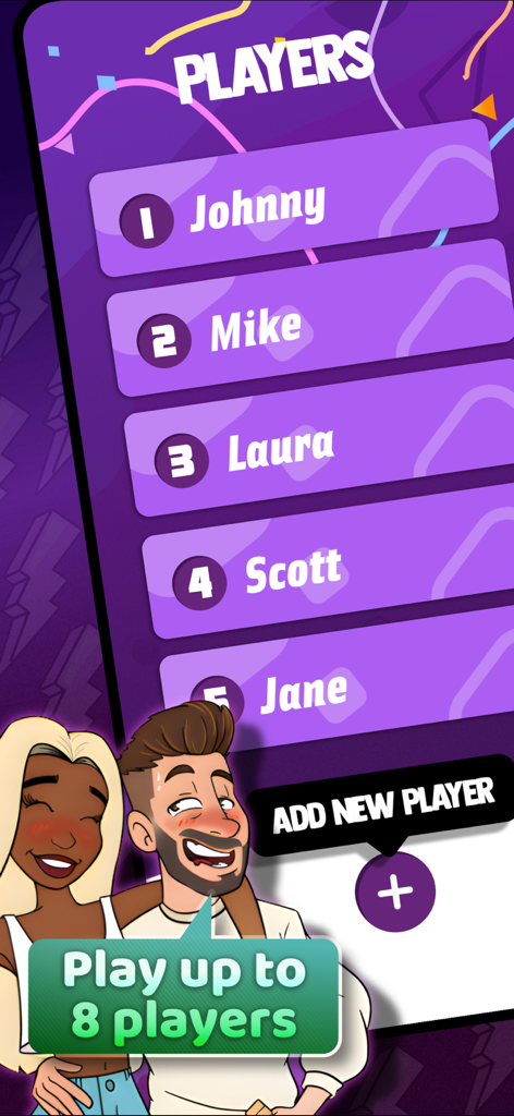 Partybus · Party Games - A mobile app screen for Partybus showing a list of players and an option to add up to 8 people for group games.