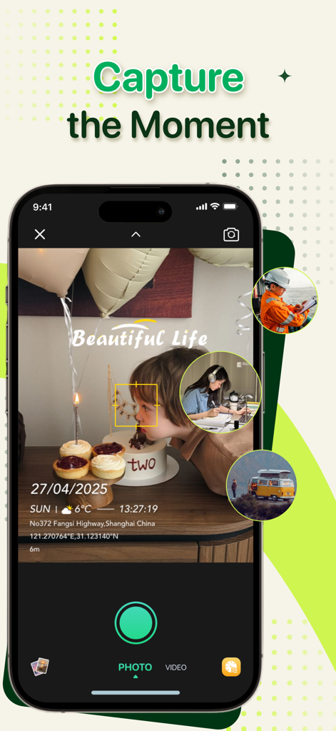 A mobile app interface showing a birthday photo with an integrated date time and GPS location timestamp overlay