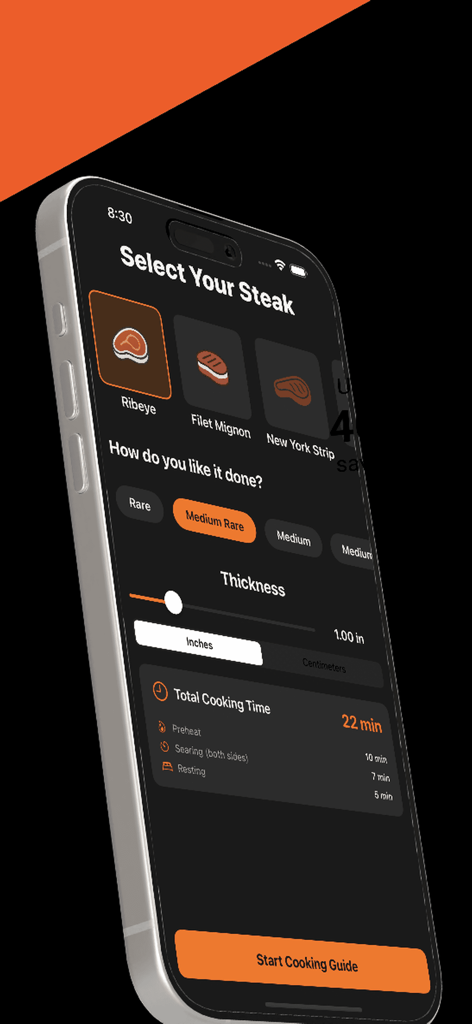 High-Steaks - Schermata di uno smartphone che mostra l'interfaccia dell'app High-Steaks per selezionare il taglio di bistecca e le preferenze di cottura.