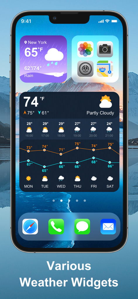 iPhone home screen displaying various weather widgets with current temperature and hourly forecast data.