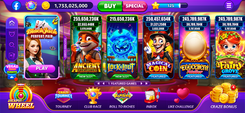 Vegas Craze Casino - Main lobby of Vegas Craze Casino app displaying various slot machines and blackjack games