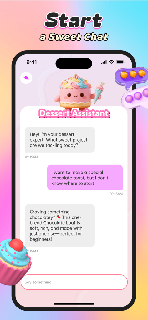 Coco：Adult & Video，Sweet Chat - Screenshot of the Coco app Dessert Assistant chat interface showing an AI baking guide for a chocolate loaf.