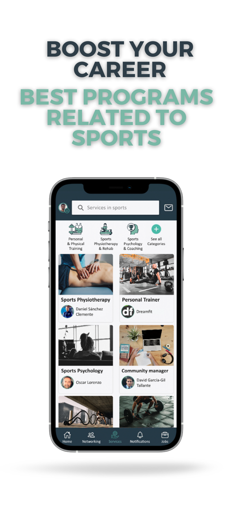 Impulsyn - Impulsyn app interface showing professional sports services and career development programs