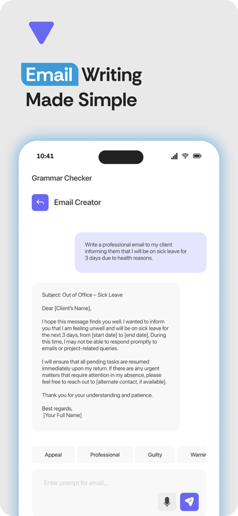 전문 이메일 작성 기능을 보여주는 TurniTin AI 앱 인터페이스