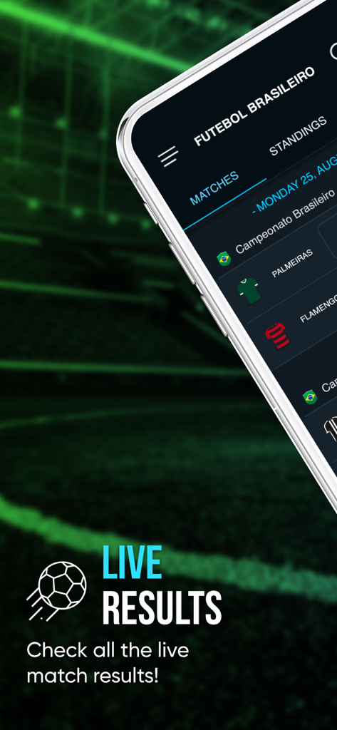 Tela do aplicativo móvel mostrando resultados de futebol ao vivo e horários de jogos do Campeonato Brasileiro