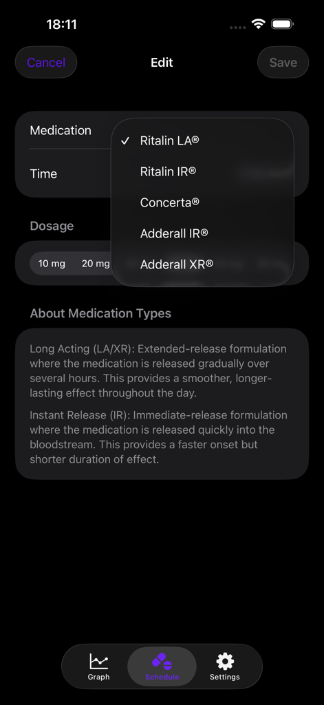 Una interfaz móvil para seleccionar medicamentos para el TDAH como Ritalin y Adderall con opciones de dosificación y una descripción de las formulaciones de liberación prolongada frente a liberación instantánea.