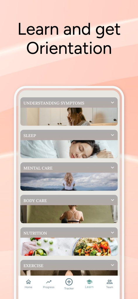 Menopause Journey app educational screen showing categories for symptoms sleep mental care nutrition and exercise