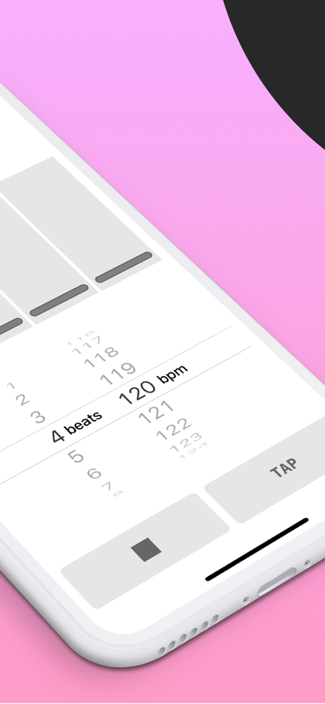 BounceMeter metronome app interface showing 120 bpm and 4 beats selection on an iPhone