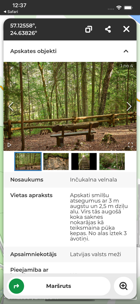 LVM GEO Mobile - Detail view of a tourist destination in the LVM GEO Mobile app showing forest photos and location description.