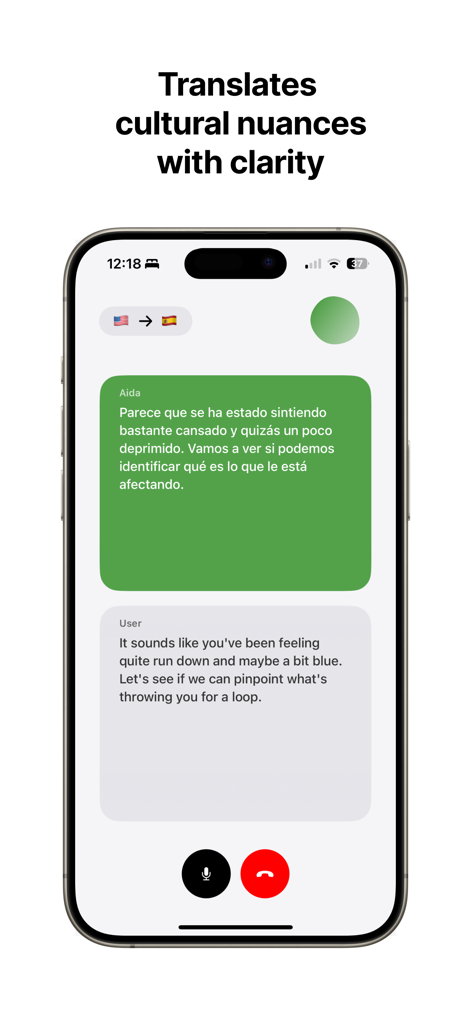 Aida - AI Medical Interpreter - Aida medical app interface showing real-time English to Spanish translation of cultural idioms and nuances.