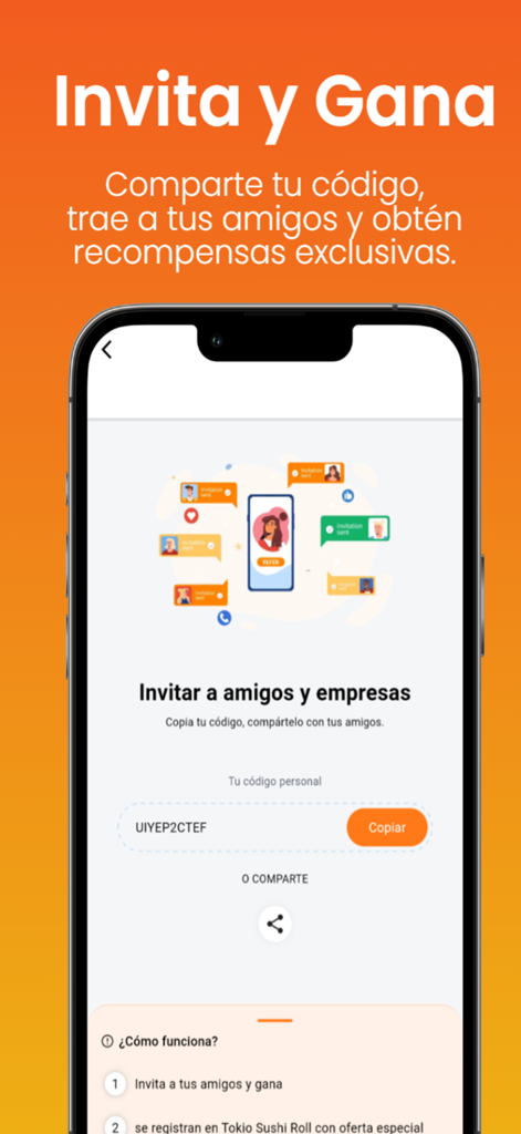 Tokio Sushi Roll - Tokio Sushi Roll app referral screen titled Invita y Gana in Spanish showing a personal referral code.