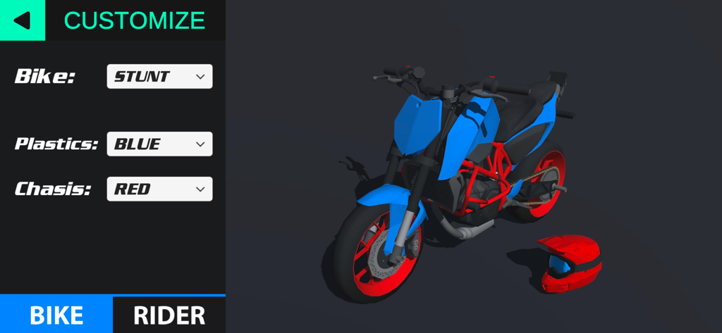 Wheelie Life 2 bike customization menu with a blue and red stunt motorcycle