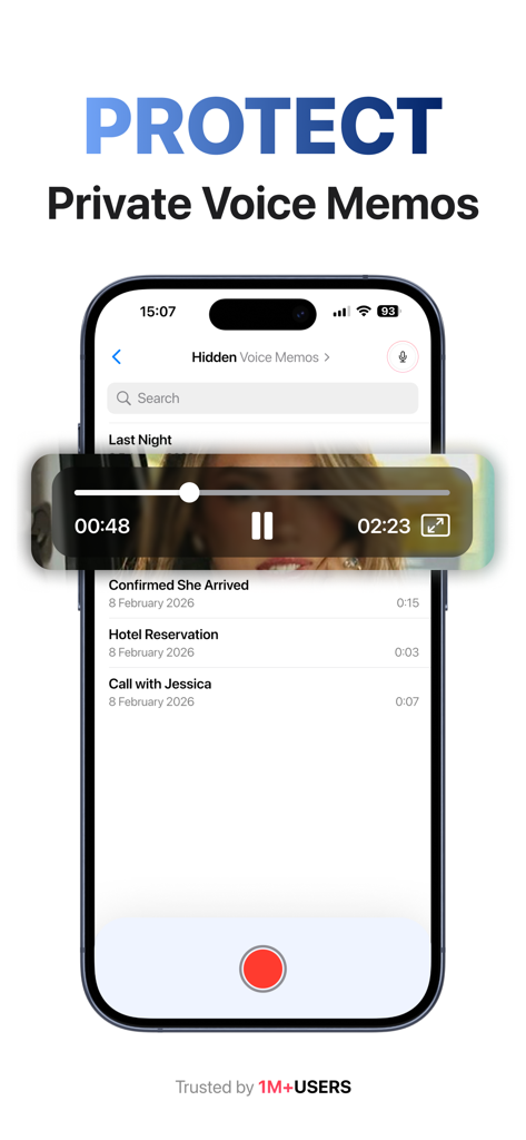 Secret Photo Vault: Safe Files - 安全なオーディオプレーヤーオーバーレイを備えたプライベートボイスメモ機能を備えたSecret Photo Vaultアプリのインターフェース