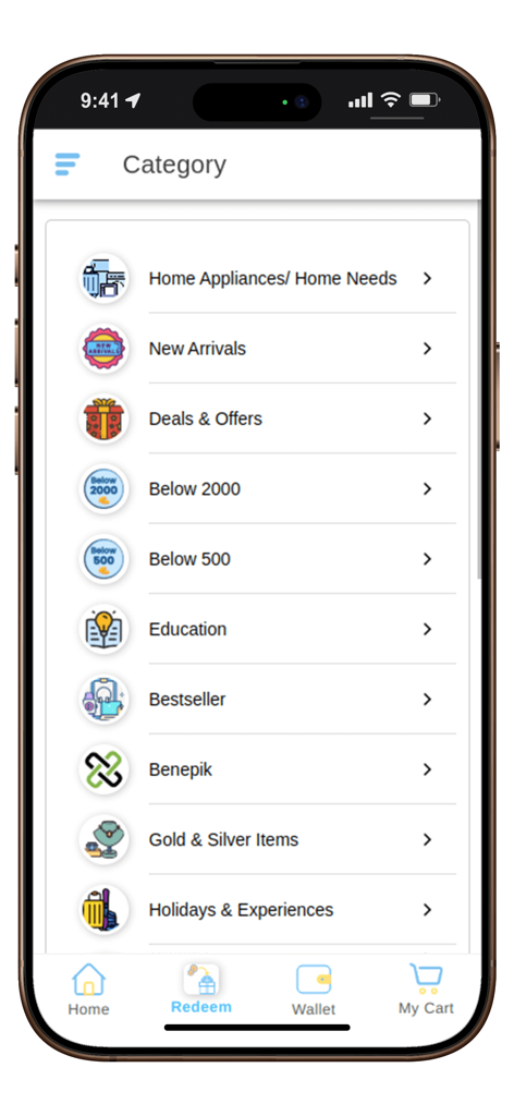 Benepik Plus app interface showing a list of reward categories including deals education and travel